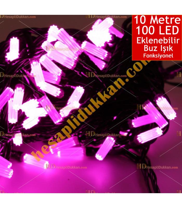 Yılbaşı Işığı Eklenebilir Siyah Kablo 10 Metre 100 Buz Led Pembe Işık